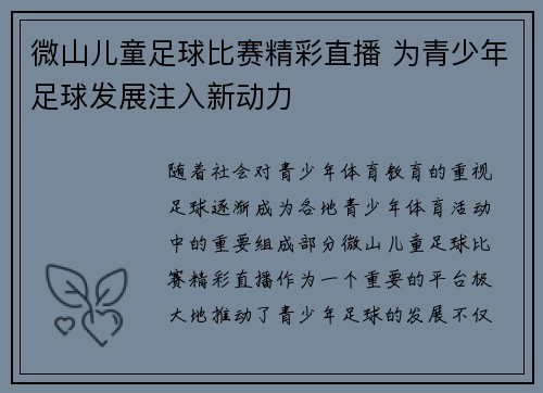 微山儿童足球比赛精彩直播 为青少年足球发展注入新动力